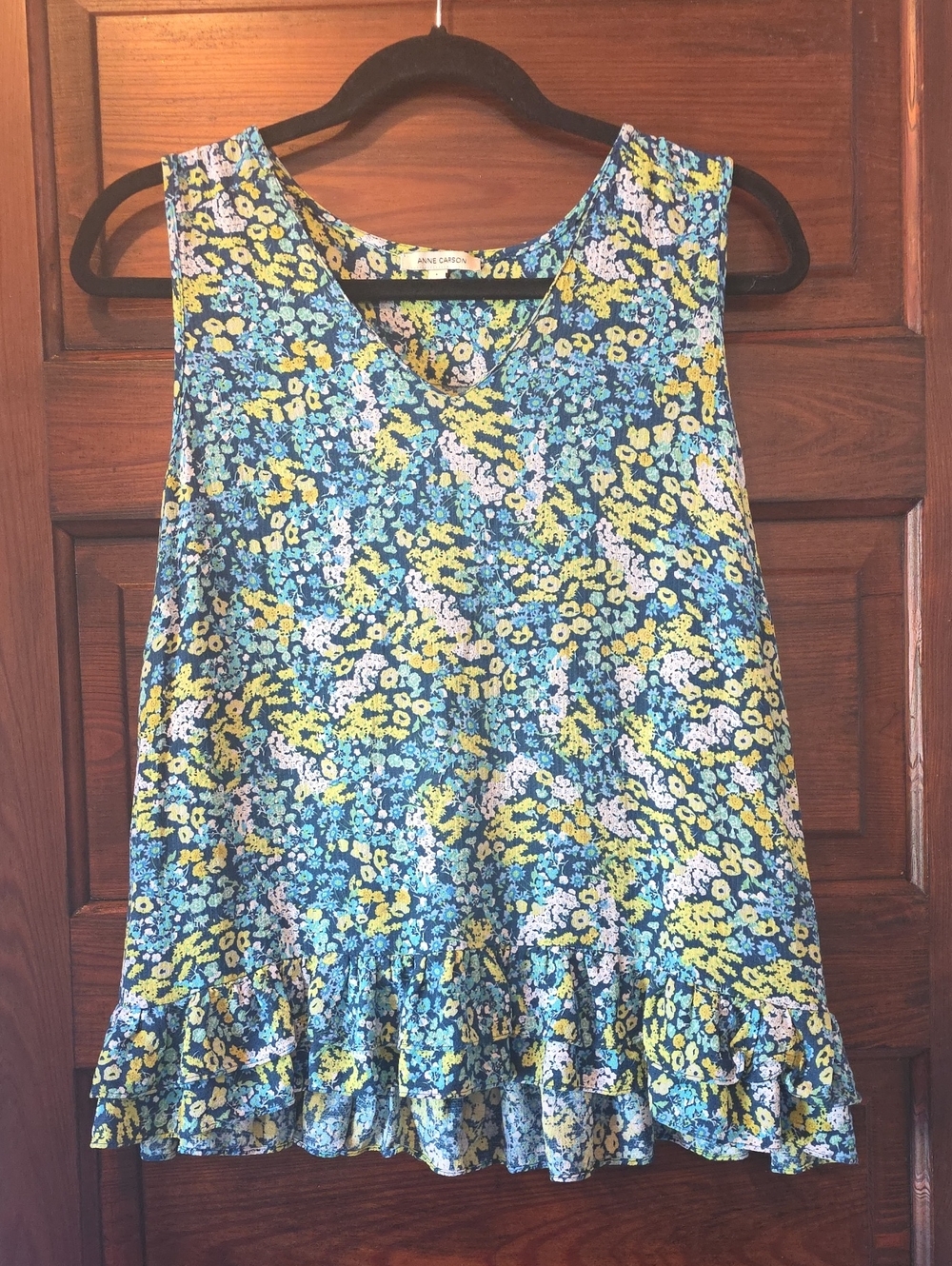 Anne Carson Women's Blue Green Yellow Floral Ruffle-Hem Tank Top V-neck L